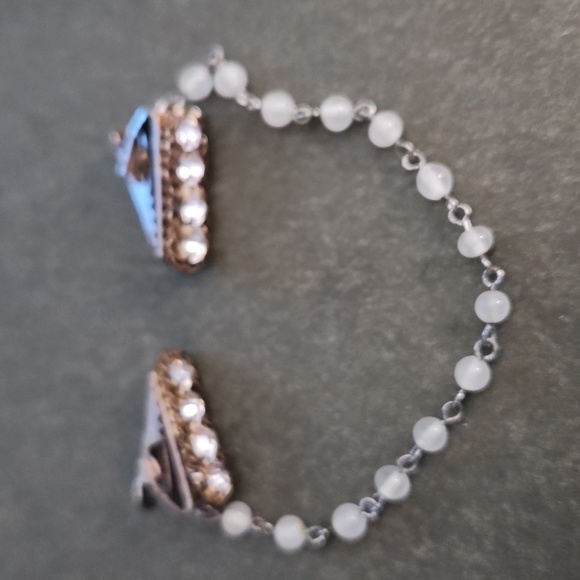 Vintage Sweater cardigan clips. Rhinestones, white beads silver tone clasp - Picture 2 of 7